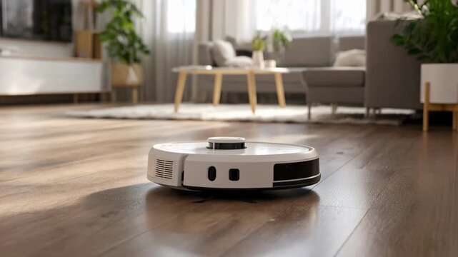 Closeup medium shot of an advanced robotic mop gliding over hardwood floors leaving a spotless shine in a bright minimalistic room.