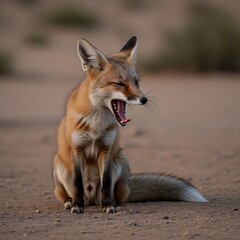 Obraz premium Fox yawning widely in the desert environment, a natural moment.