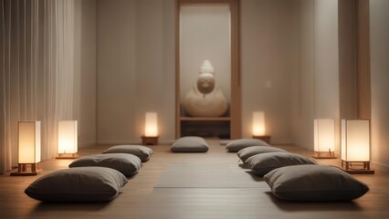 Meditation room with cushions and soft lighting