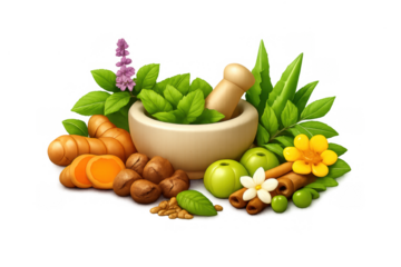 Ayurvedic herbal composition with mortar and pestle for natural health remedies