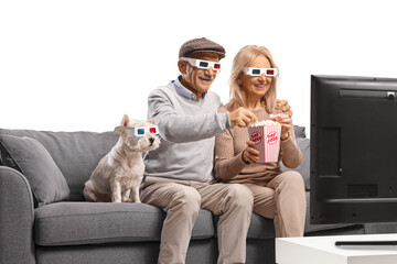 Senior couple and dog watching a 3D movie on TV at home