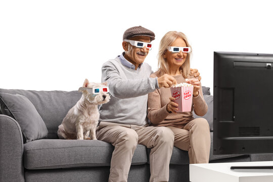 Senior couple and dog watching a 3D movie on TV at home