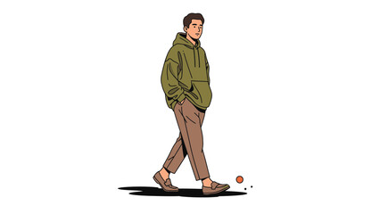 Casual young man walking with a ball on a simple white background