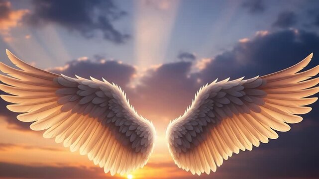 ethereal angel wings with sunrise glow over dramatic sky