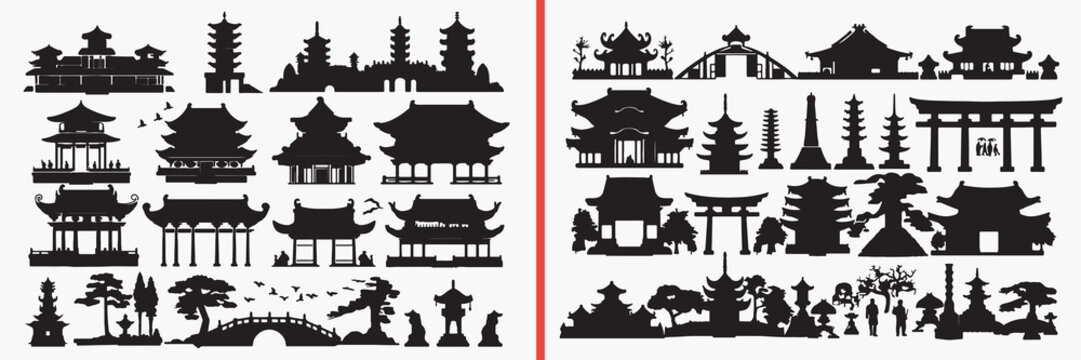 asian pagoda silhouettes vector, temple complex clipart, oriental building svg, chinese architecture illustration, historical temple graphics, black pagoda silhouettes, cultural vector art, asian land