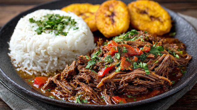 caribbean cuisine cuban dish ropa vieja with shredded beef tomato bell pepper sauce served with white rice and fried plantains traditional meal