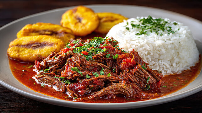 homemade cuban ropa vieja with shredded beef slow cooked in tomato and bell pepper sauce served with white rice and fried plantains delicious cuisine