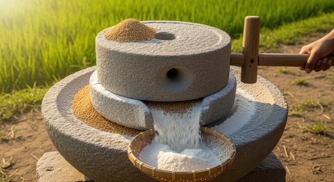 Medium shot of traditional stone rice mill grinding grain into flour under natural light.