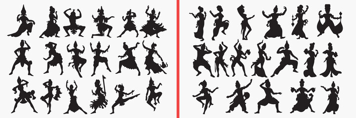 Fototapeta premium celebration dance silhouettes vector, party people clipart, joyful movement svg, festival illustration, happy dancing graphics, black celebration silhouettes, entertainment vector art, dance pose desi