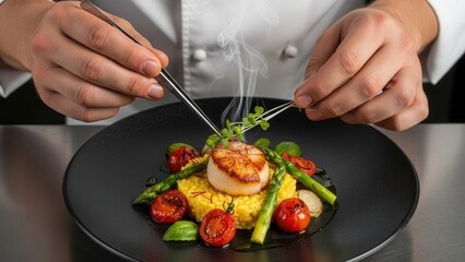 Chef Preparing Gourmet Dish with Tongs.