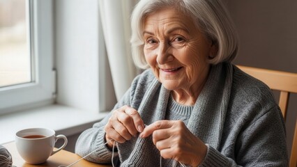 Elderly Woman Knitting by Window.
