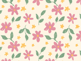 Seamless Hand Painted Floral Pattern with Pink Flowers and Green Leaves