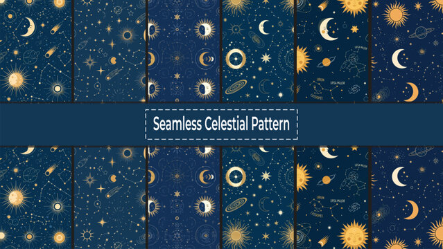 Seamless Celestial Pattern with Stars Moon and Sun on Dark Blue Background.