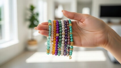 Hand Holding Colorful Beaded Jewelry.