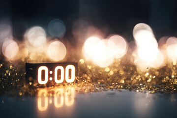 Midnight clock countdown with glowing bokeh lights creates festive and magical atmosphere perfect for celebration and new year party decoration