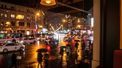 Nighttime City Street Scene with People.