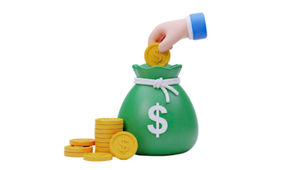 Hand dropping coin into money bag with stacked coins