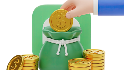Hand deposits gold coin into money bag with stacks of coins
