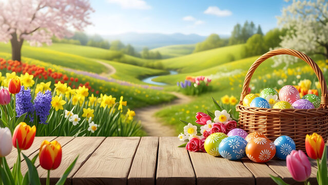 colorful easter eggs in basket on wooden table with flowers transparent background