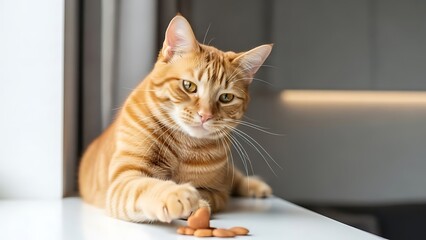 Orange tabby cat playing with heart shaped treats indoors on a white surface