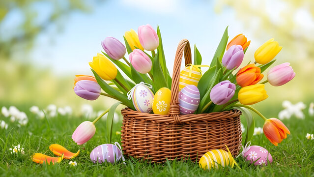 Colorful tulips and easter eggs in wicker basket on grass transparent background