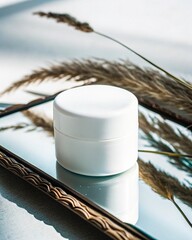 Aesthetic mockup of a white jar with cream and a plant in the background