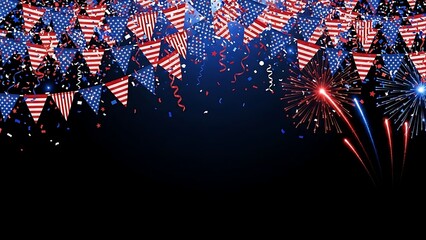 A vibrant display of patriotic pennants fireworks and confetti celebrates independence day festivities