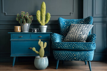 Teal armchair with spotted fabric and various potted cacti sit near a vintage dresser and retro camera on a wooden floor against a dark blue wall