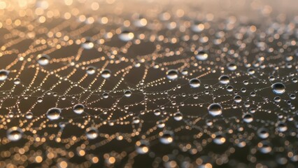 Spider Web with Dew Drops at Sunrise.