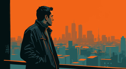 Man Looking Over City At Sunset