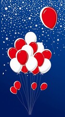 A vibrant cluster of red and white balloons floats against a dark blue starry background