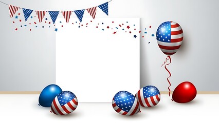 Festive american celebration display with patriotic balloons confetti and a blank white poster for design