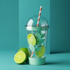 A refreshing drink featuring lime slices and mint leaves in a clear plastic cup visually appealing