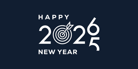 Stylish Happy New Year 2026 greeting with bold white typography on navy blue background, perfect for festive cards, banners, posters, and holiday invitations. Clean, modern vector design. © bibin