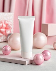Mockup of a white tube of cream on a soft pink background with pink and light balls 
