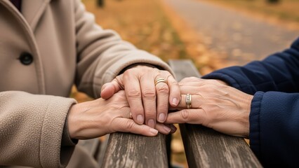 Couple Holding Hands on Bench.