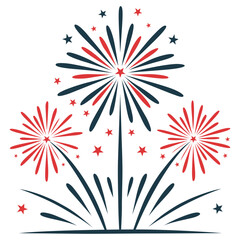 Festive fireworks display with red and dark blue bursts and stars