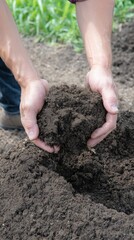 Adult hands gently cupping nutrient-rich dark soil, perfect for organic gardening and crop growth
