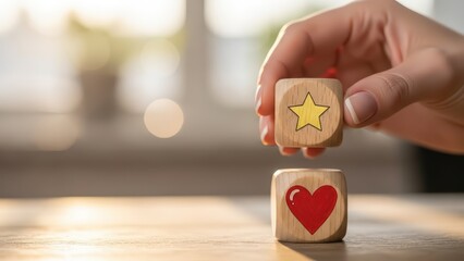Hand holding star and heart blocks on table