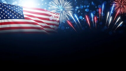 A vibrant american flag waves against a spectacular backdrop of colorful fireworks displays