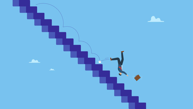 Misfortune businessman fall down stairs in economic crisis or career stumble. Business risk, mistake or failure, challenge or problem and difficulty, accident causing bankruptcy.