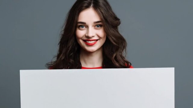 A smiling young adult woman with striking red lipstick and dark, wavy hair holds a large, blank white board directly in front of her, presenting it towards the viewer. Her cheerful expression and clea