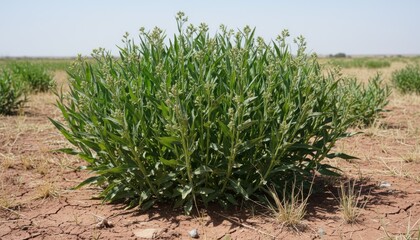 Obraz premium Medium shot of droughtresistant hay seed plants thriving in dry soil under bright sunlight showcasing robust green stalks adapting to arid conditions.