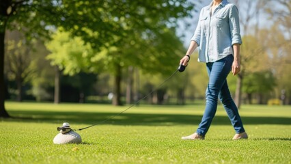 Woman Walking Dog in Park.