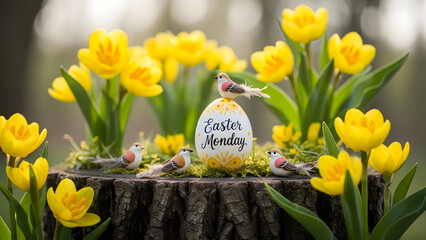 Easter Monday celebration with yellow tulips and birds on tree stump transparent background