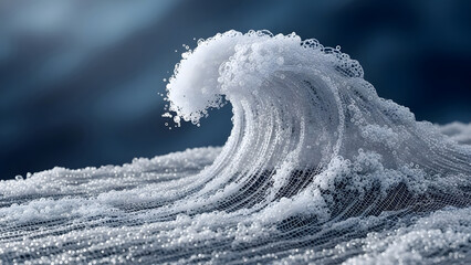 close up extreme detail of ocean wave cresting with thousands of tiny bubbles and foam structure against dark blue sea