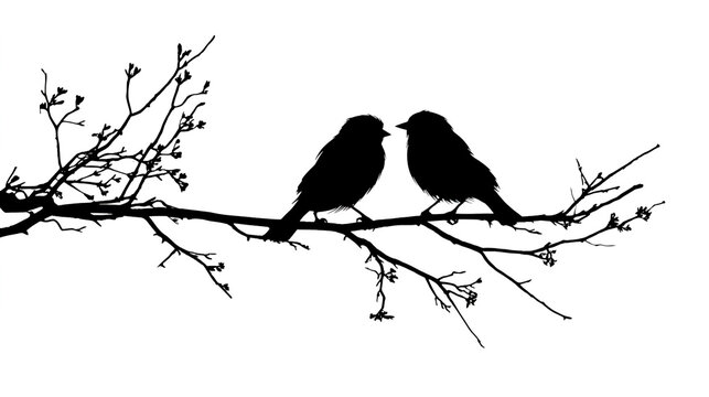 Love birds perched on a tree branch, vector black silhouette
