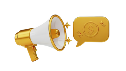 Golden Megaphone with Dollar Sign Speech Bubble