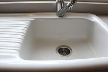 Empty clean white porcelain kitchen sink features chrome faucet, ribbed drainer, metal drain plug, reflecting natural light