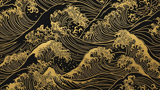 Traditional Japanese ukiyo e style ocean waves pattern rendered in elegant black and gold texture